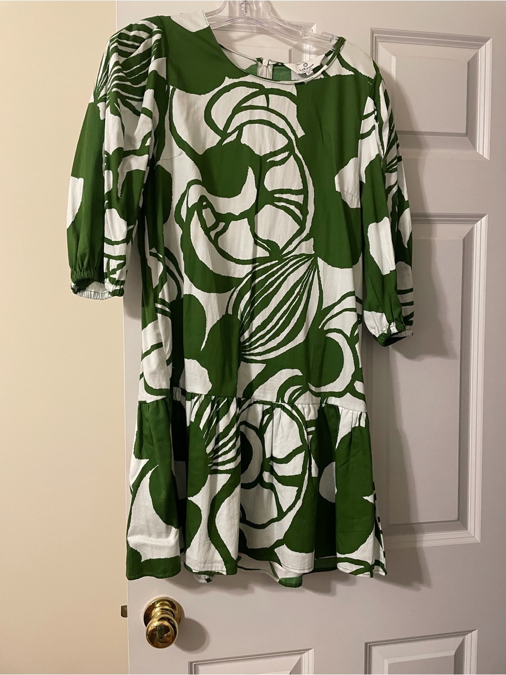 Green & White Abstract Print Mini Dress with Puff Sleeves